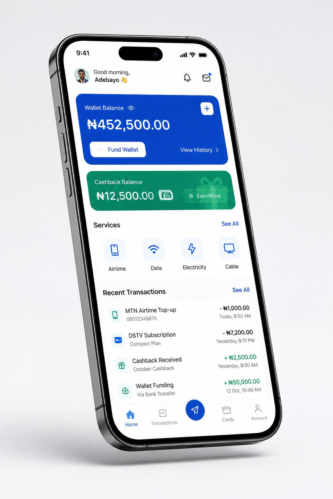 AliData app showing wallet balance and quick bill payments